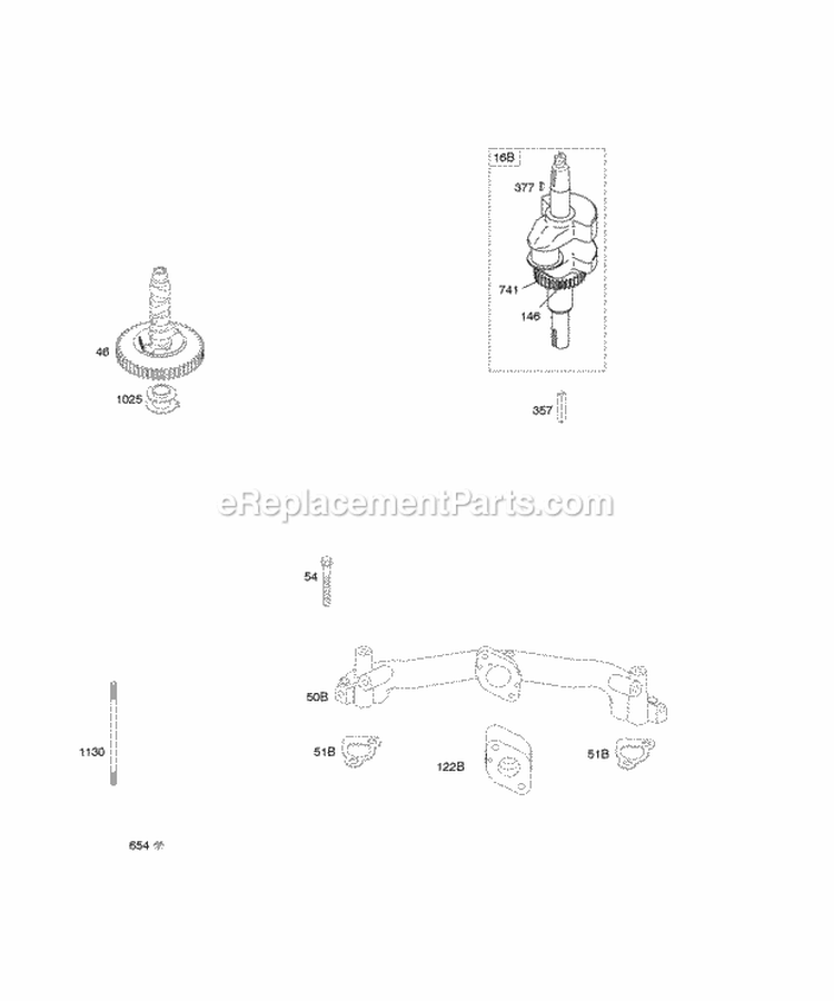 Camshaft Crankshaft Intake Manifold Diagram and Parts List for 350776-1046-A2  Briggs and Stratton Engine